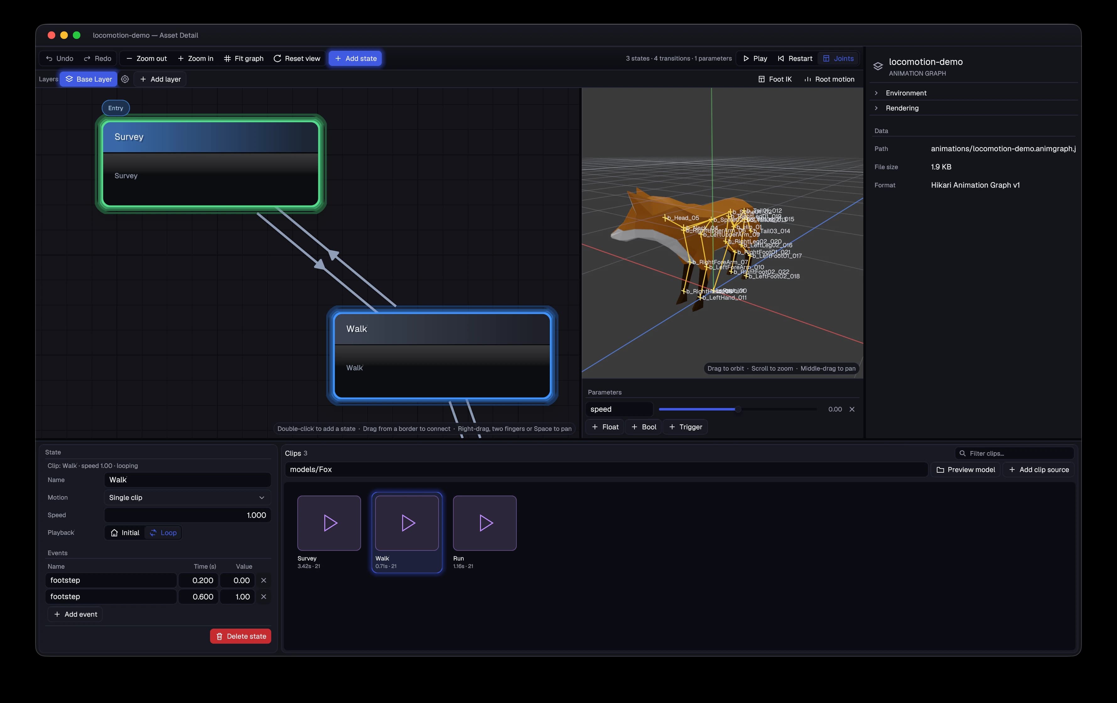 Hikari’s animation graph editor showing Survey and Walk states, footstep events, a speed parameter, and a fox preview with its skeleton visible.