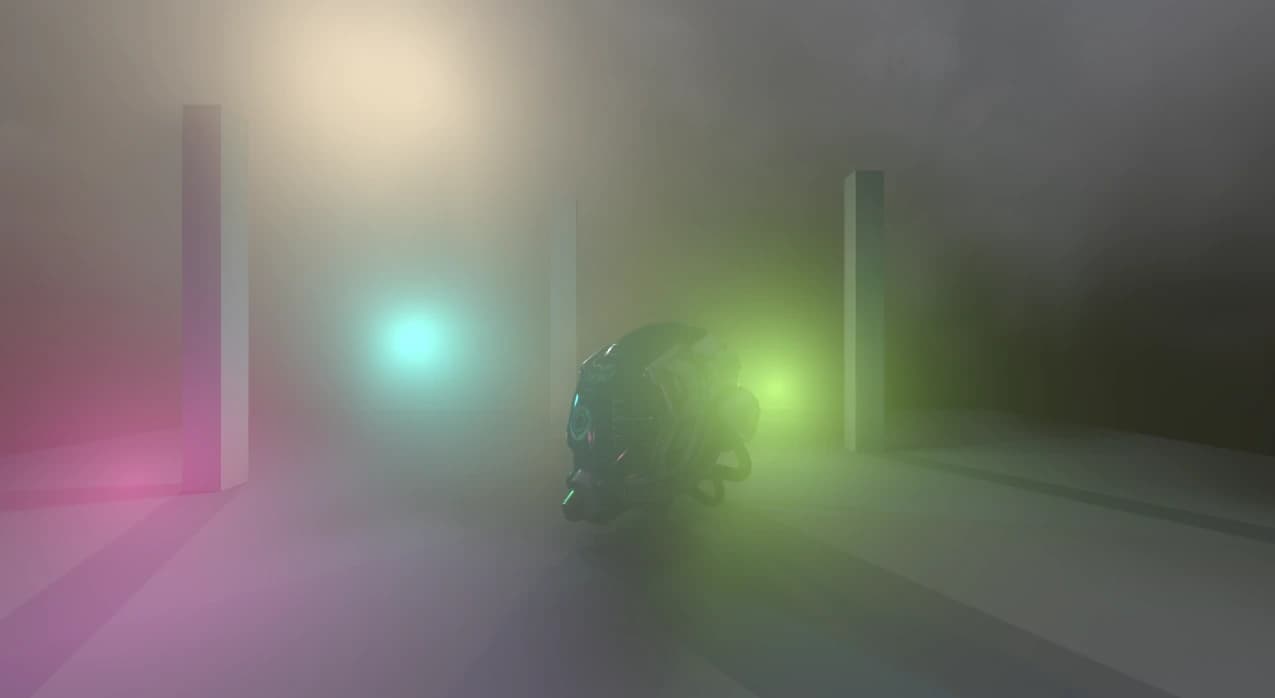A metallic helmet surrounded by cyan, green, and pink lights in dense volumetric fog, with pillars casting long shadows.
