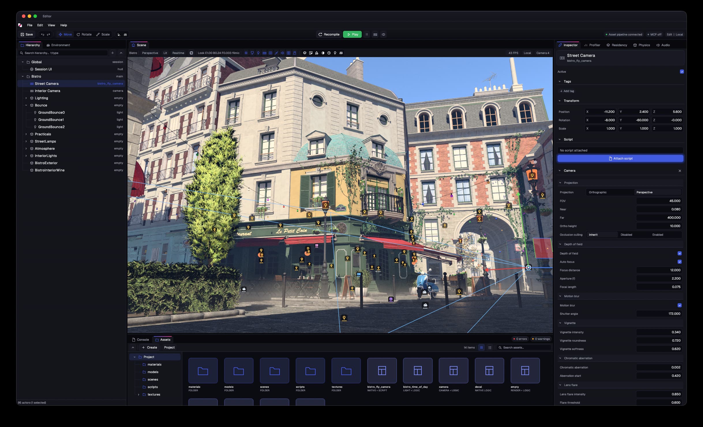 Hikari Editor showing the Bistro scene, with the actor hierarchy on the left, the camera inspector on the right, and the asset browser below.