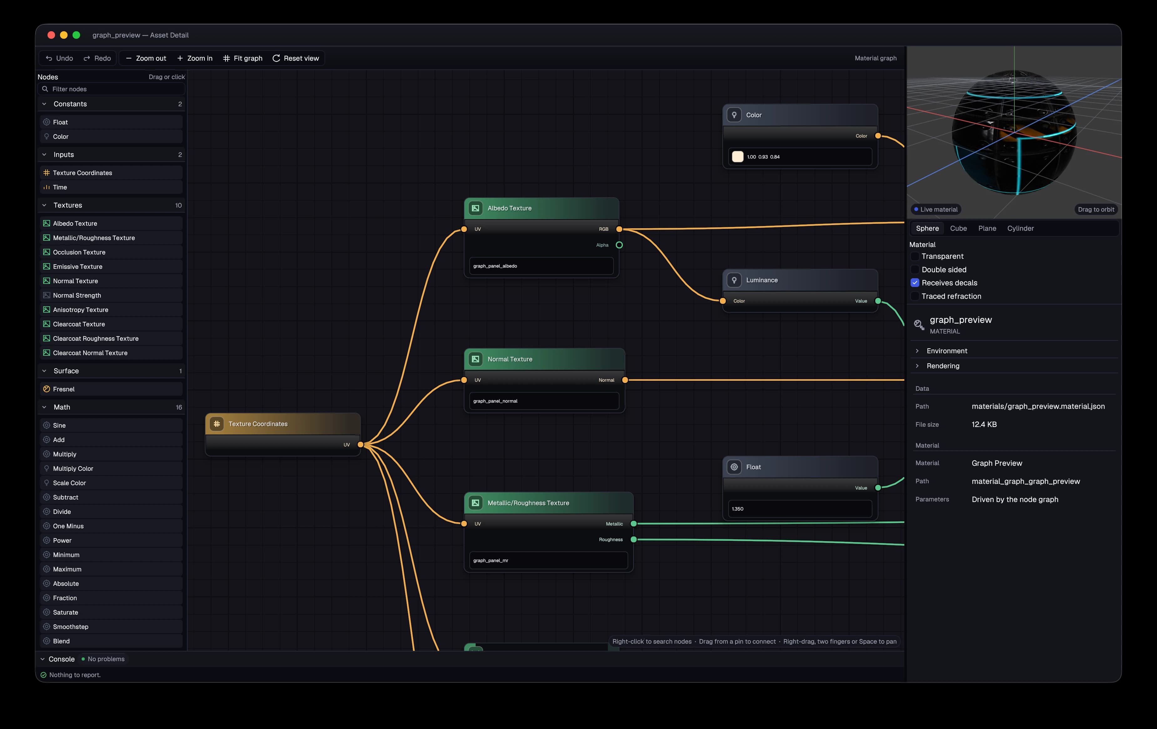Hikari material graph editor showing texture-coordinate connections to albedo, normal, and metallic/roughness nodes, colour and luminance controls, and a live sphere preview.