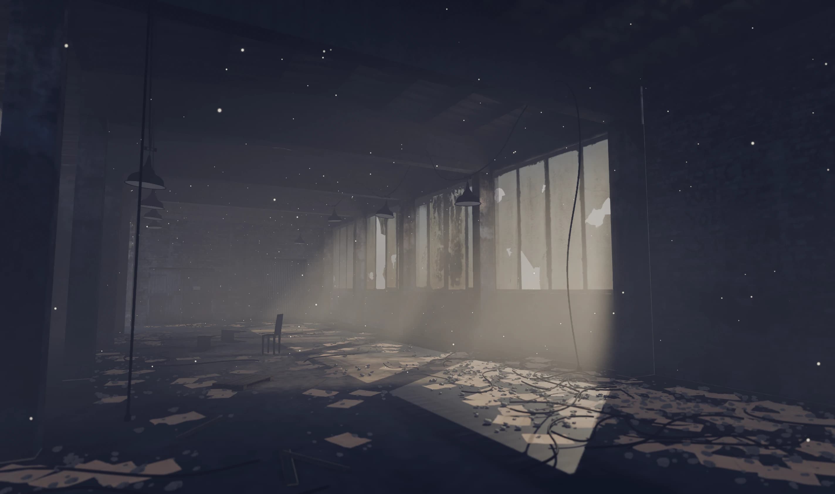 Sunlight streams through tall warehouse windows into volumetric haze, illuminating drifting dust above a debris-covered floor.